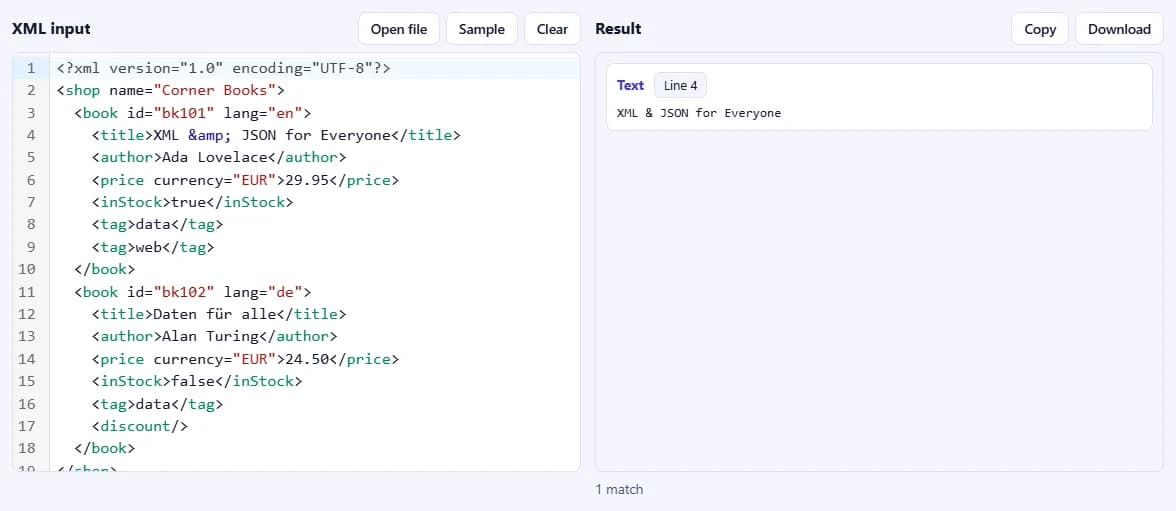 The sample XML on the left and one match on the right: the text of the first book's title, with its line.