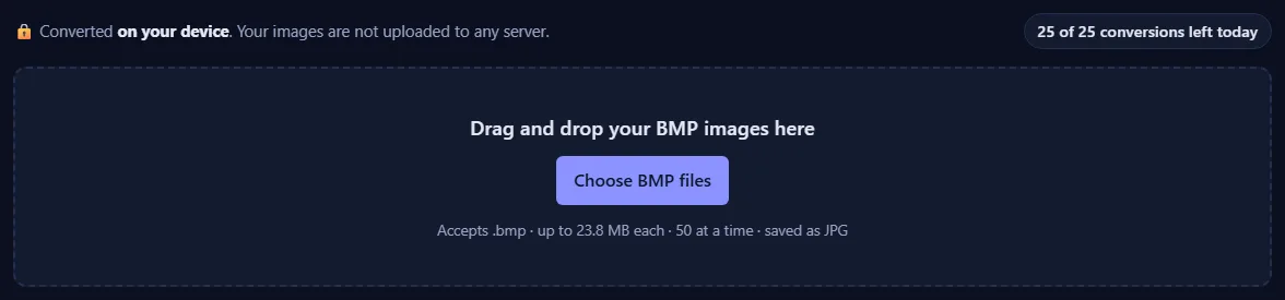 The upload box with the text “Drag and drop your BMP images here” and a Choose BMP files button, and a counter of conversions left today.
