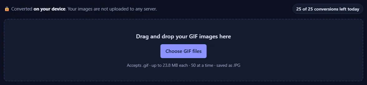 The upload box with the text “Drag and drop your GIF images here” and a Choose GIF files button, and a counter of conversions left today.
