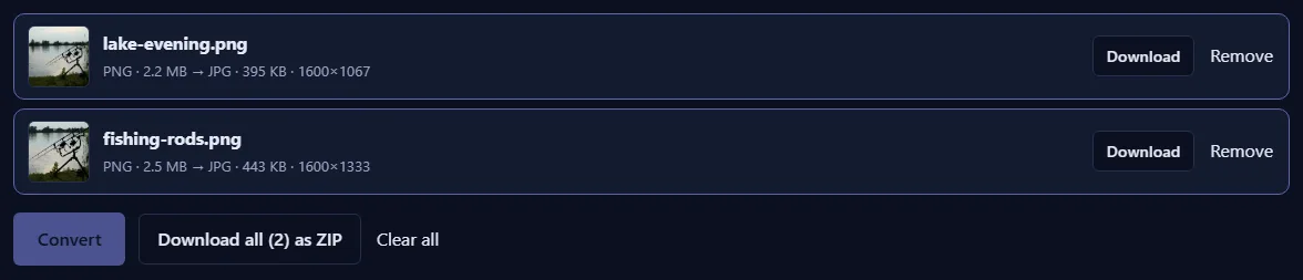 Two converted files with photo previews, their new JPG sizes and dimensions, Download buttons and a “Download all (2) as ZIP” button.