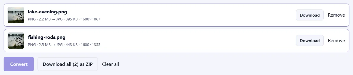 Two converted files with photo previews, their new JPG sizes and dimensions, Download buttons and a “Download all (2) as ZIP” button.