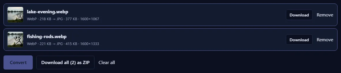 Two converted files with photo previews, their new JPG sizes and dimensions, Download buttons and a “Download all (2) as ZIP” button.