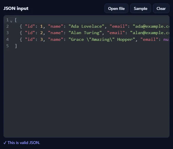 The JSON input box filled with sample JSON, with Open file, Sample and Clear buttons, and the message “This is valid JSON” below it.