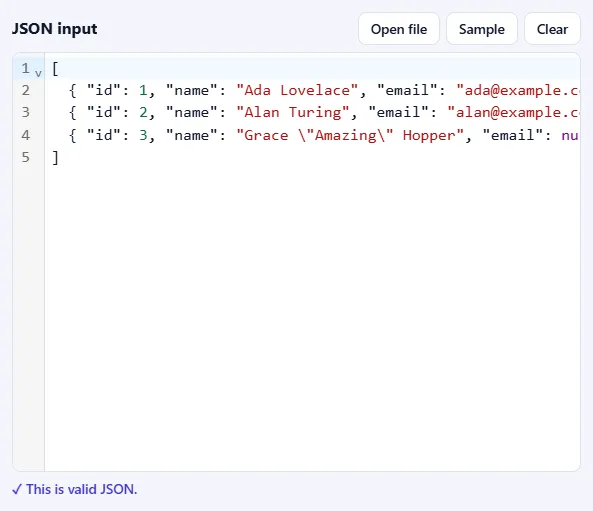 The JSON input box filled with sample JSON, with Open file, Sample and Clear buttons, and the message “This is valid JSON” below it.