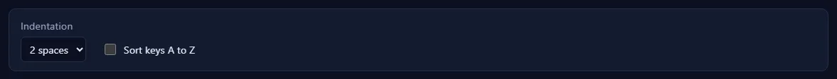 The options bar with the Indentation menu set to 2 spaces and the Sort keys A to Z checkbox.
