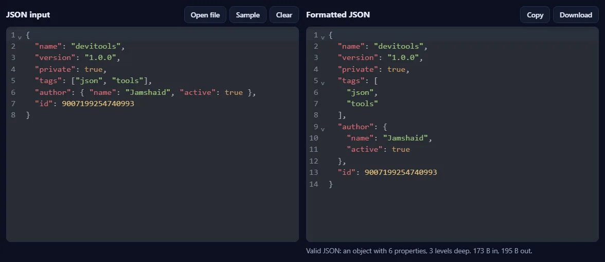Compact JSON on the left and the same JSON neatly indented on the right, with a summary line below and Copy and Download buttons.