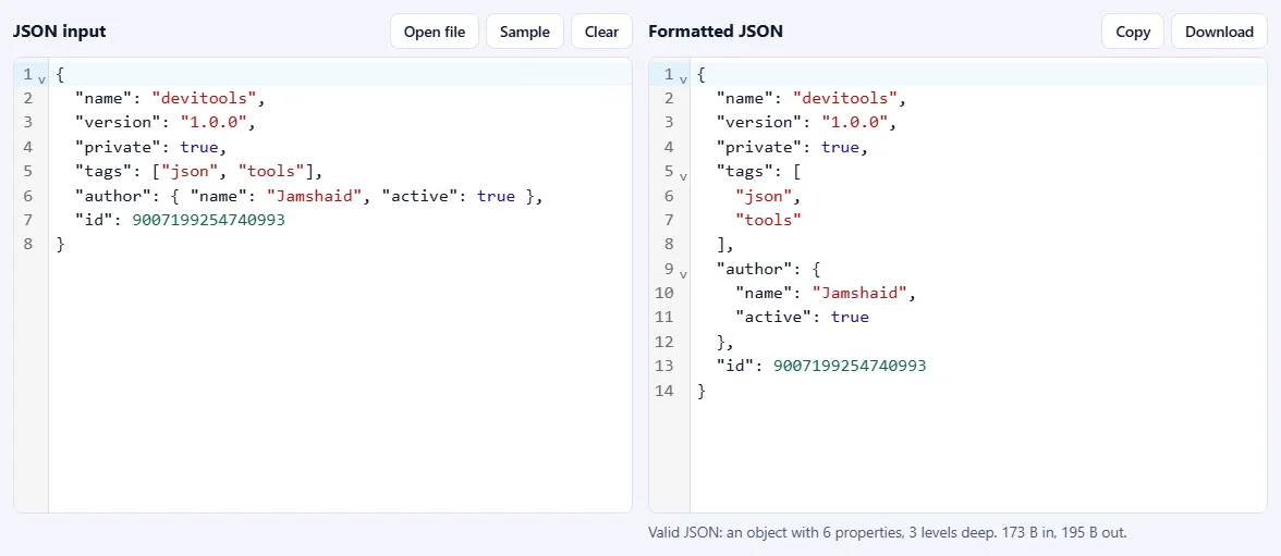 Compact JSON on the left and the same JSON neatly indented on the right, with a summary line below and Copy and Download buttons.