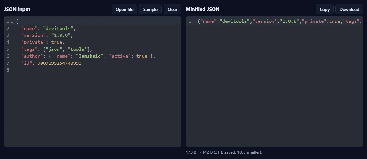 Formatted JSON on the left and the same JSON on a single line on the right, with a line below showing the bytes saved.