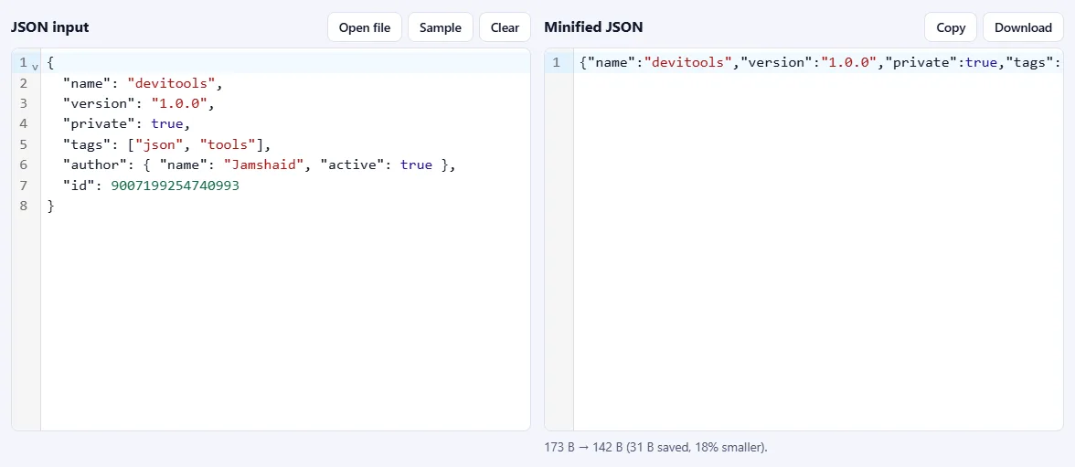 Formatted JSON on the left and the same JSON on a single line on the right, with a line below showing the bytes saved.