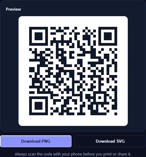 The QR code preview with Download PNG and Download SVG buttons and a reminder to test the code with a phone.