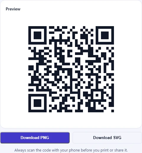 The QR code preview with Download PNG and Download SVG buttons and a reminder to test the code with a phone.