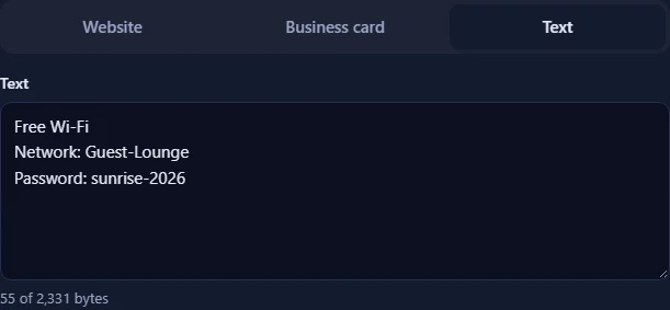 The Text tab with a message typed into the text box and a counter of bytes used below it.