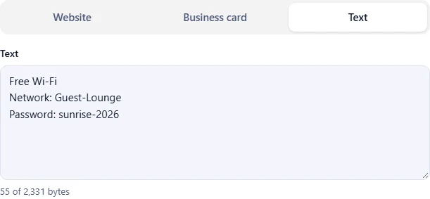 The Text tab with a message typed into the text box and a counter of bytes used below it.