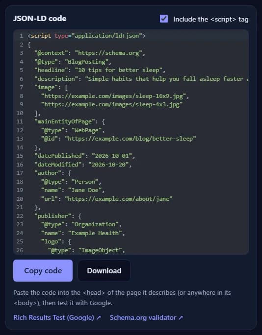 Der JSON-LD-Code für Article mit den Schaltflächen zum Kopieren und Herunterladen und Links zum Google-Test und zum Schema.org-Validator.