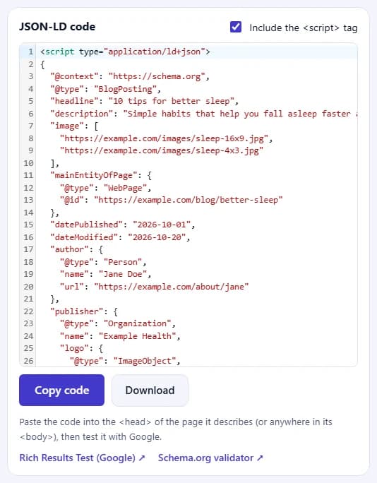 Der JSON-LD-Code für Article mit den Schaltflächen zum Kopieren und Herunterladen und Links zum Google-Test und zum Schema.org-Validator.