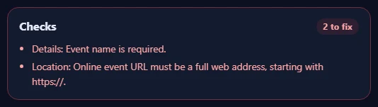 The Checks box listing problems to fix and suggestions.