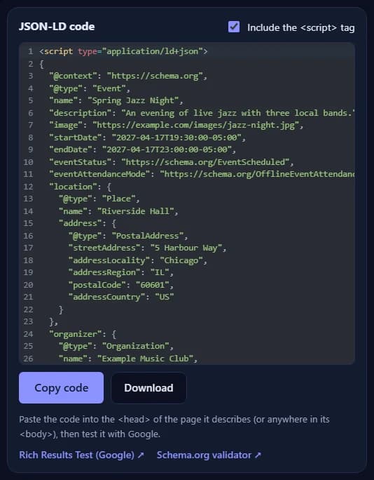 The JSON-LD code for the Event, with the Copy code and Download buttons and links to Google's Rich Results Test and the Schema.org validator.