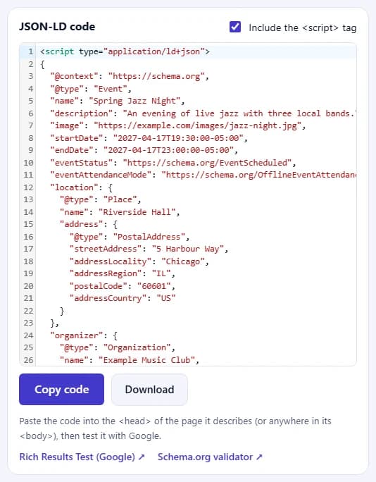 The JSON-LD code for the Event, with the Copy code and Download buttons and links to Google's Rich Results Test and the Schema.org validator.