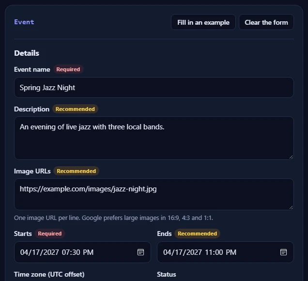 The Event form filled in with an example.