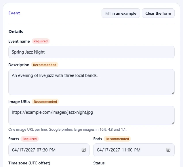 The Event form filled in with an example.