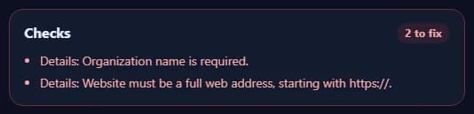 The Checks box listing problems to fix and suggestions.