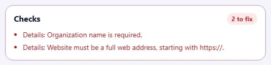 The Checks box listing problems to fix and suggestions.
