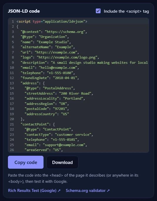 The JSON-LD code for the Organization, with the Copy code and Download buttons and links to Google's Rich Results Test and the Schema.org validator.