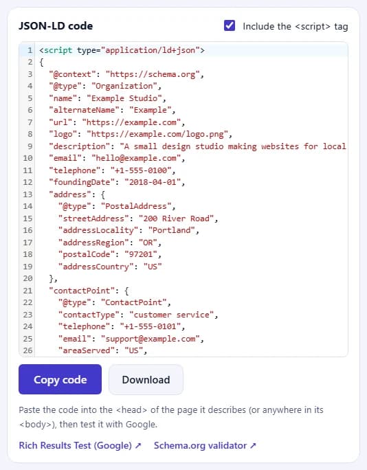 The JSON-LD code for the Organization, with the Copy code and Download buttons and links to Google's Rich Results Test and the Schema.org validator.