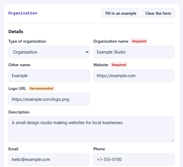 The Organization form filled in with an example.
