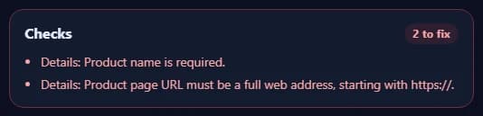 The Checks box listing problems to fix and suggestions.