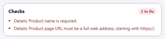 The Checks box listing problems to fix and suggestions.