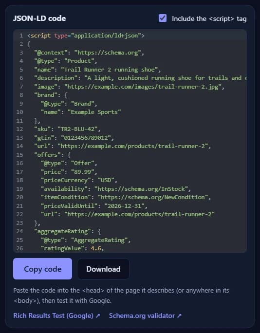 The JSON-LD code for the Product, with the Copy code and Download buttons and links to Google's Rich Results Test and the Schema.org validator.
