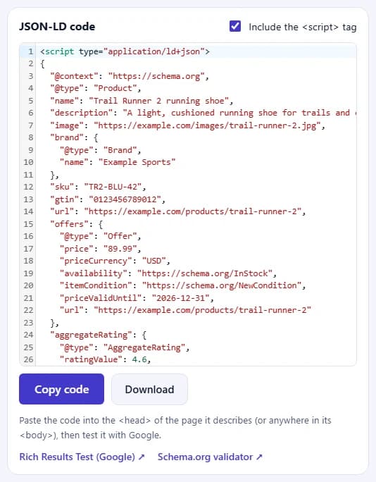 The JSON-LD code for the Product, with the Copy code and Download buttons and links to Google's Rich Results Test and the Schema.org validator.