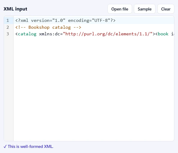 The XML input box filled with a sample catalog on one line, with Open file, Sample and Clear buttons, and the message that it is well-formed XML.
