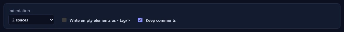 The options bar with the Indentation menu set to 2 spaces and the checkboxes for empty elements and comments.