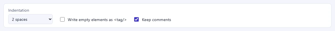 The options bar with the Indentation menu set to 2 spaces and the checkboxes for empty elements and comments.